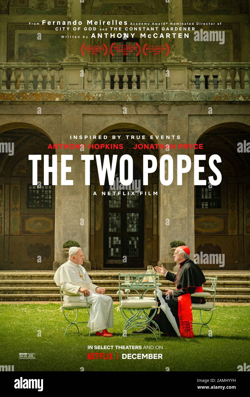 The Two Popes (2019) directed by Fernando Meirelles and starring Anthony Hopkins, Jonathan Pryce and Juan Minujín. Pope Benedict summons Cardinal Jorge Bergoglio who will soon be his successor Pope Francis. Stock Photo