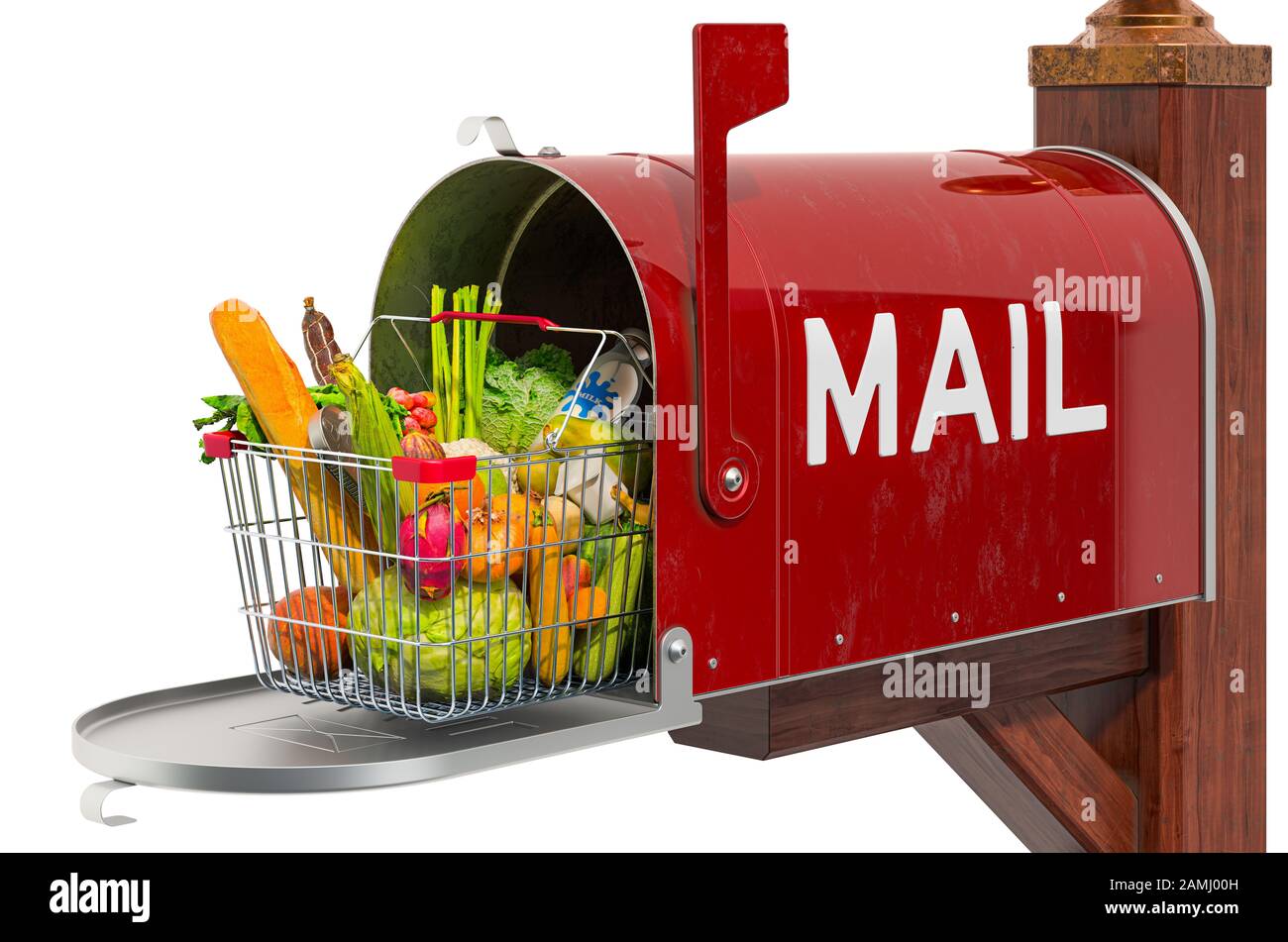 Food delivery concept. Shopping basket full of products with mailbox