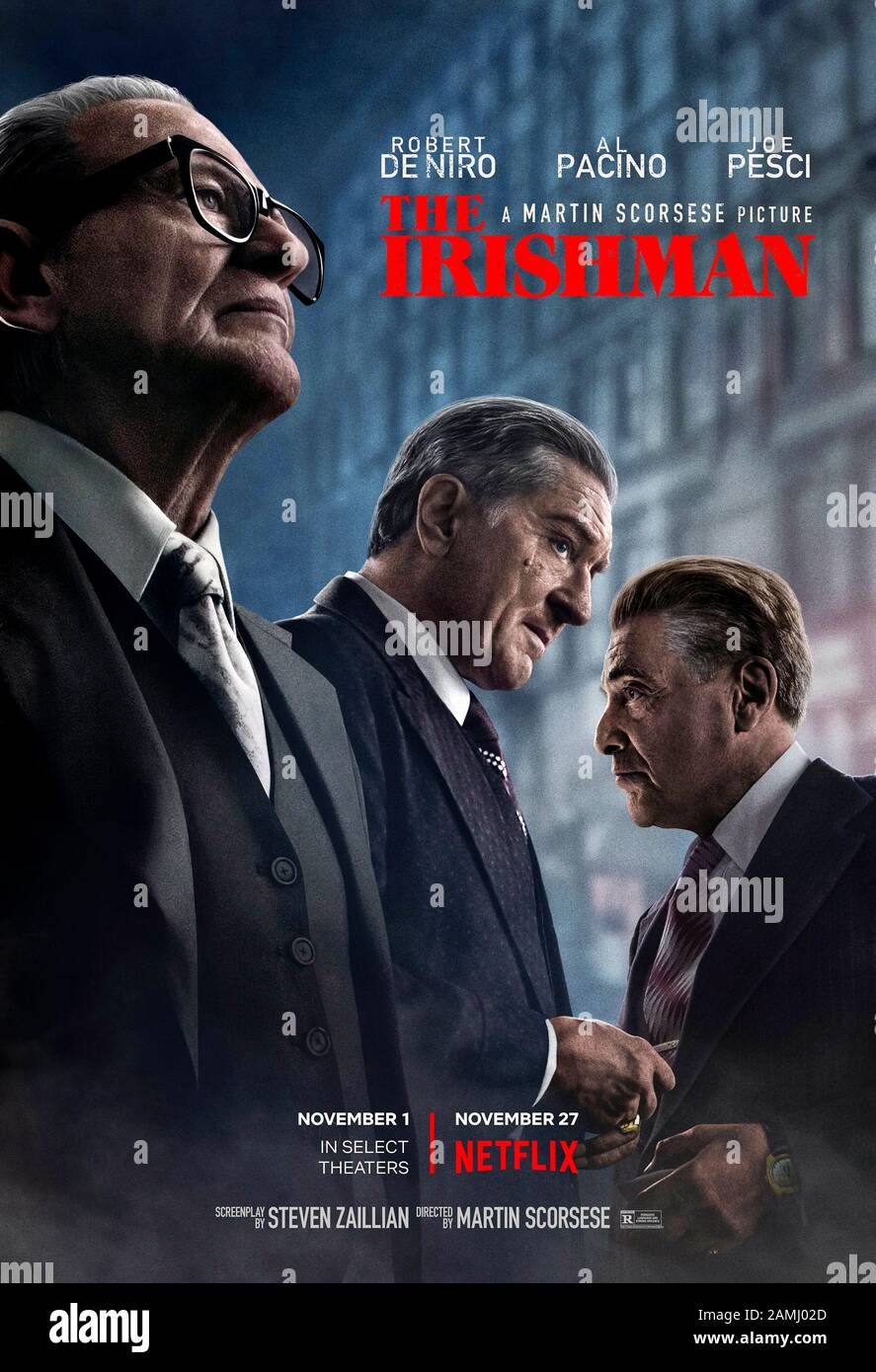 The Irishman (2019) directed by Martin Scorsese and starring Robert De Niro, Al Pacino, Joe Pesci and Harvey Keitel. Critically acclaimed crime drama about Frank Sheeran’s involvement in the death of Jimmy Hoffa based on the 2004 book I Heard You Paint Houses by Charles Brandt. Stock Photo