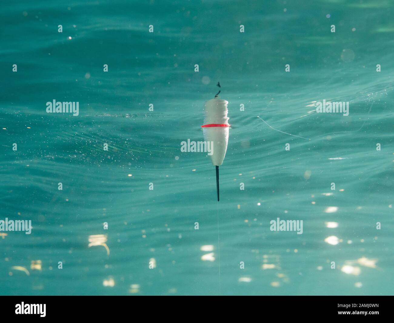 Underwater view of fishing float floating on water surface Stock Photo