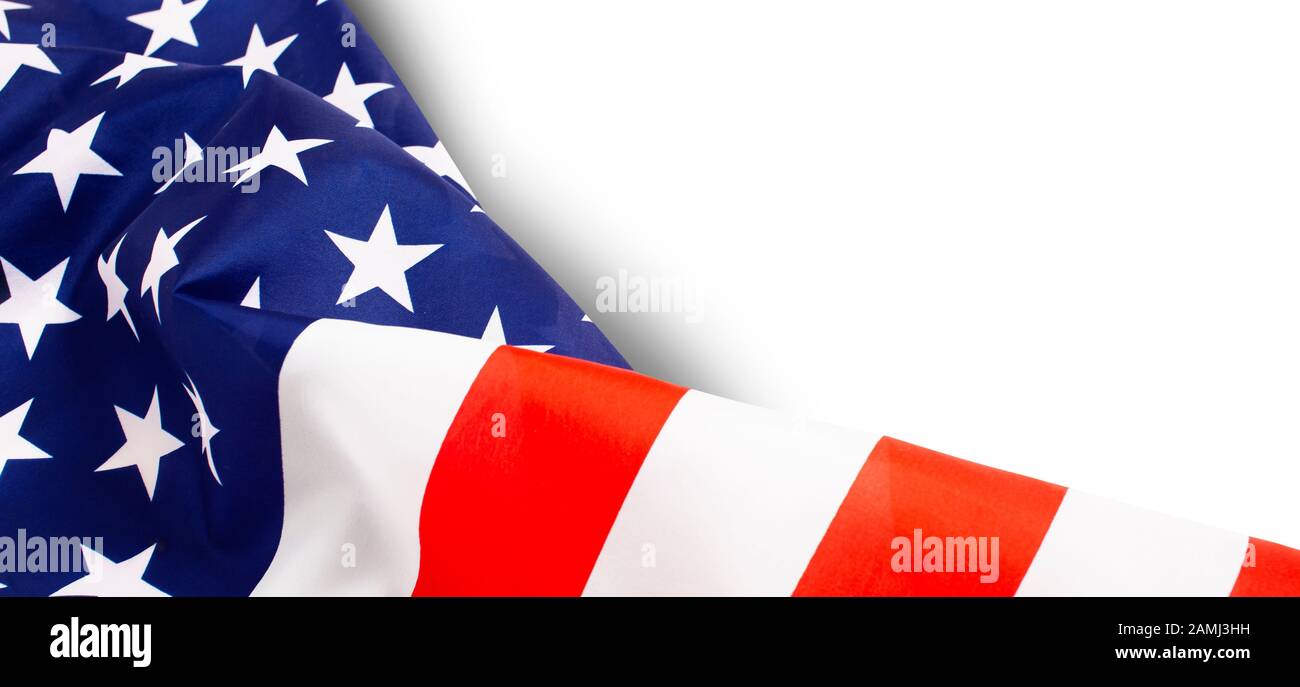 American flag isolated on white background. Top view, copy space for ...