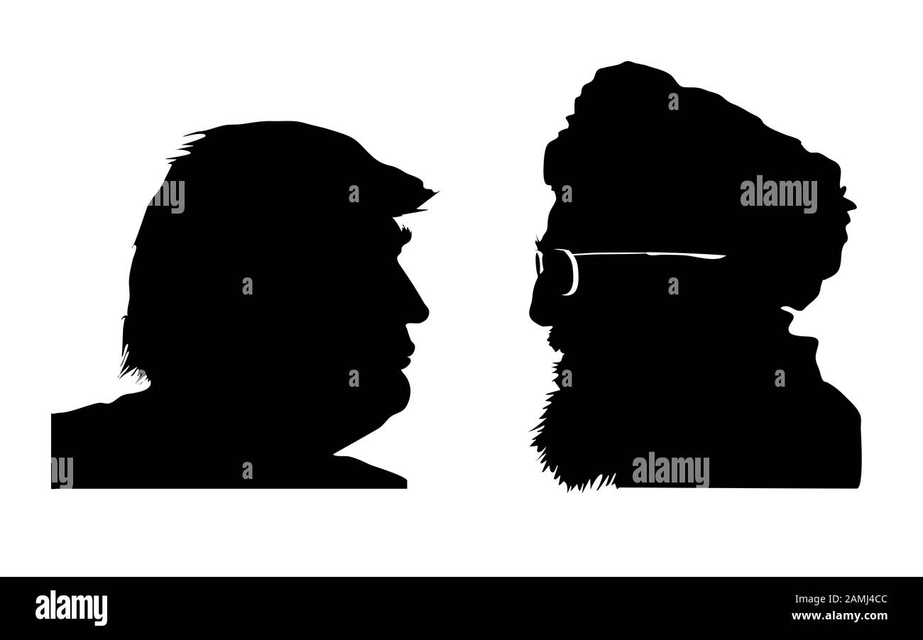 Donald Trump vs. Ali Khamenei. Silhouettes of president of the United States and leader of Iran. Illustrative for US - Iran conflict. Raster picture. Stock Photo