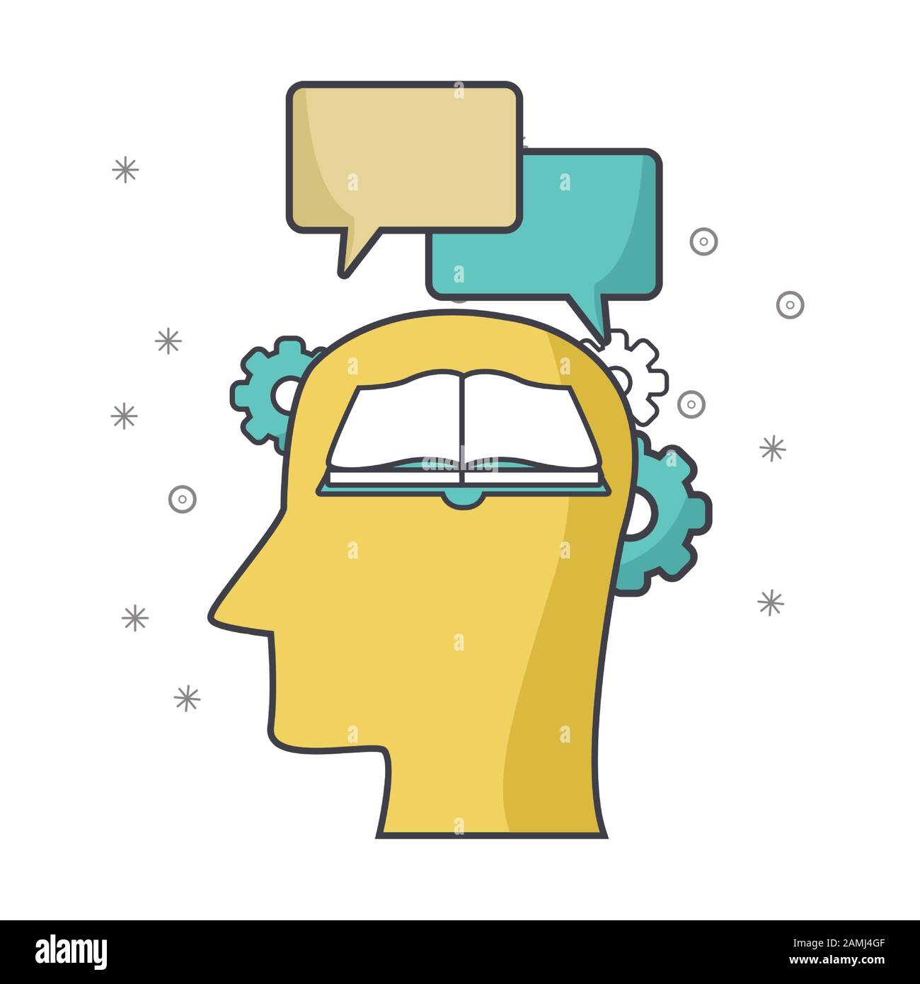 head with speech bubbles and gear wheels, colorful design Stock Vector ...