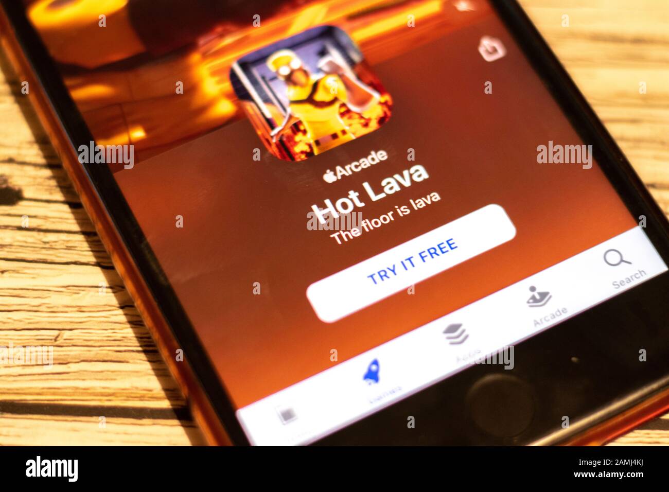 Saint-Petersburg, Russia - 10 January 2020: Hot Lava icon close up on phone screen. Arcade games on app store, Illustrative Editorial Stock Photo