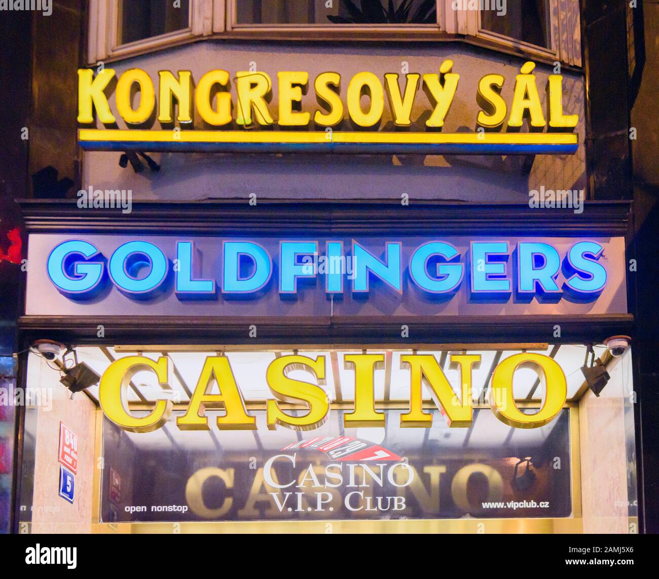 Illuminated signs outside Goldfinger's Casino, Prague, Czech Republic Stock Photo