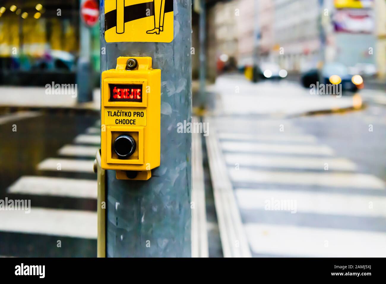 Button at a pedestrian crossing in Prague, Czech Republic Stock Photo