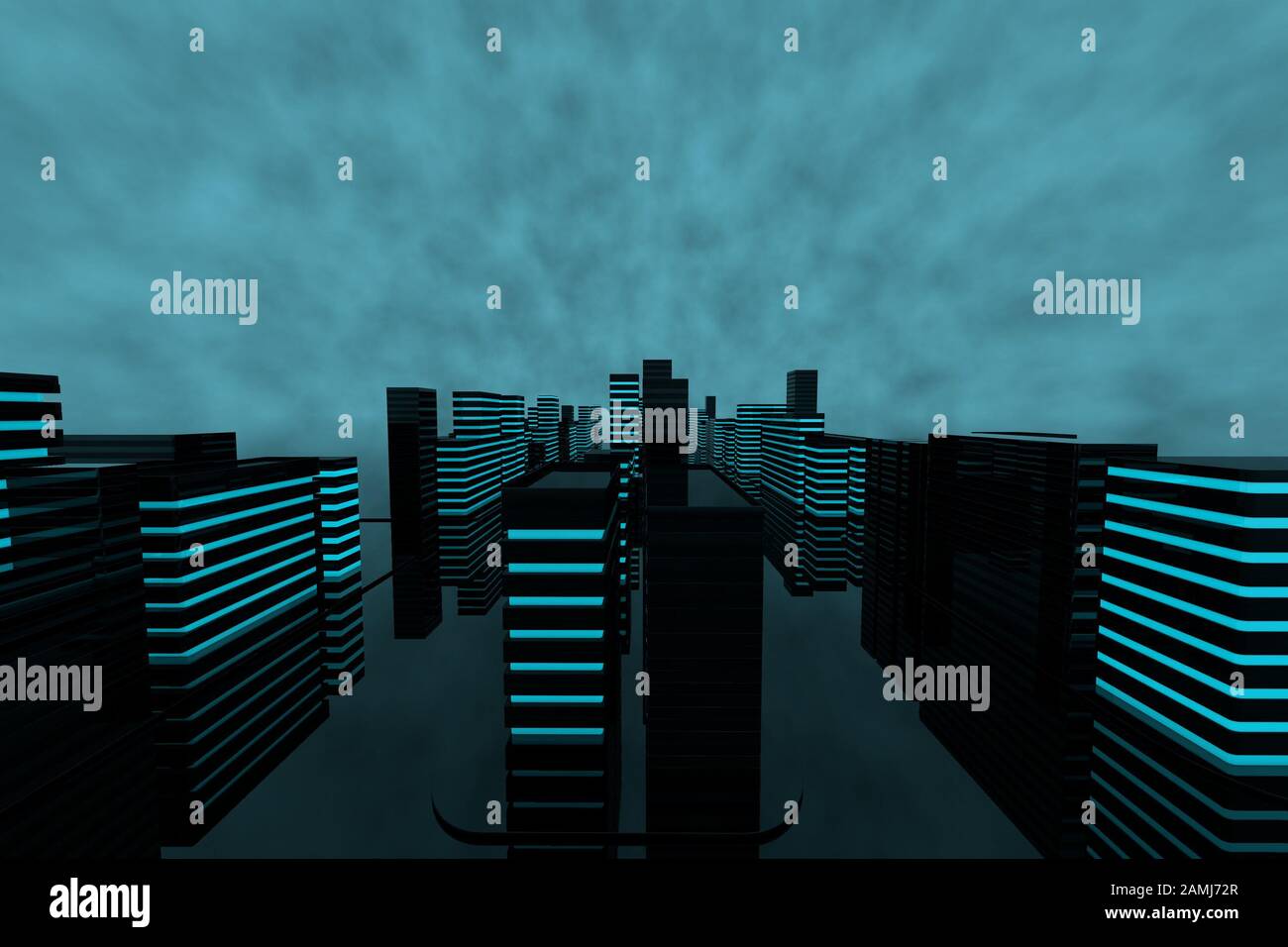 Futuristic City 3d cgi render seamless looping with blue lit buildings and very reflective glass surfaces Stock Photo