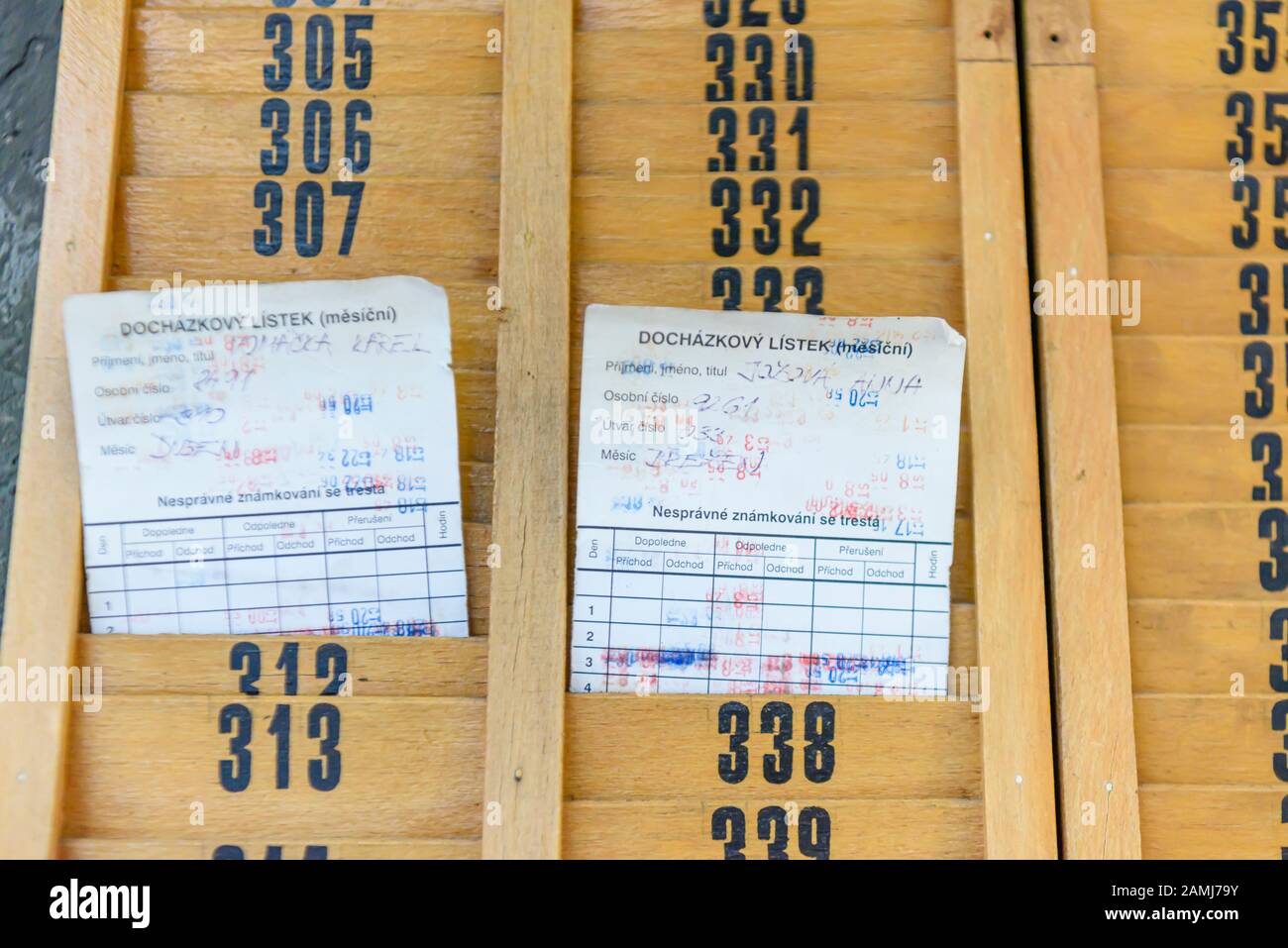 Timekeeping cards in a Czech factory Stock Photo
