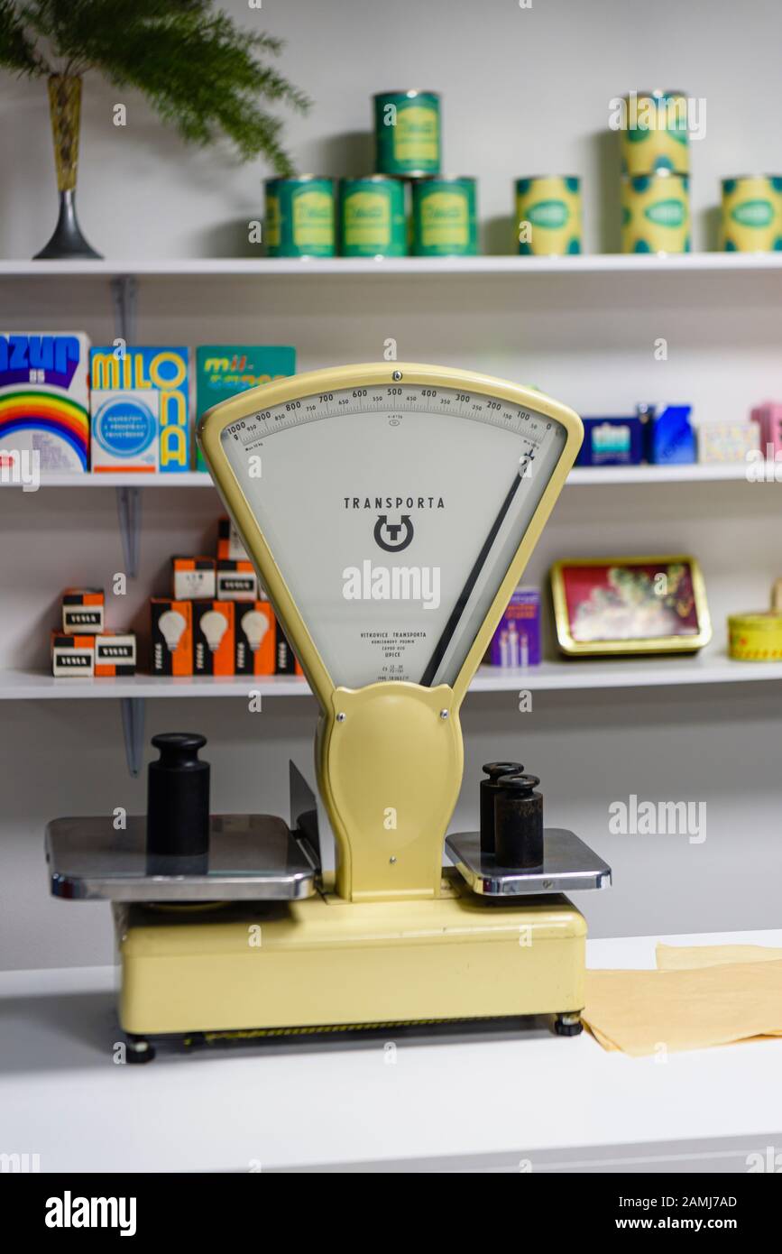 Old fashioned weighing scales in a Soviet communist era shop. Stock Photo