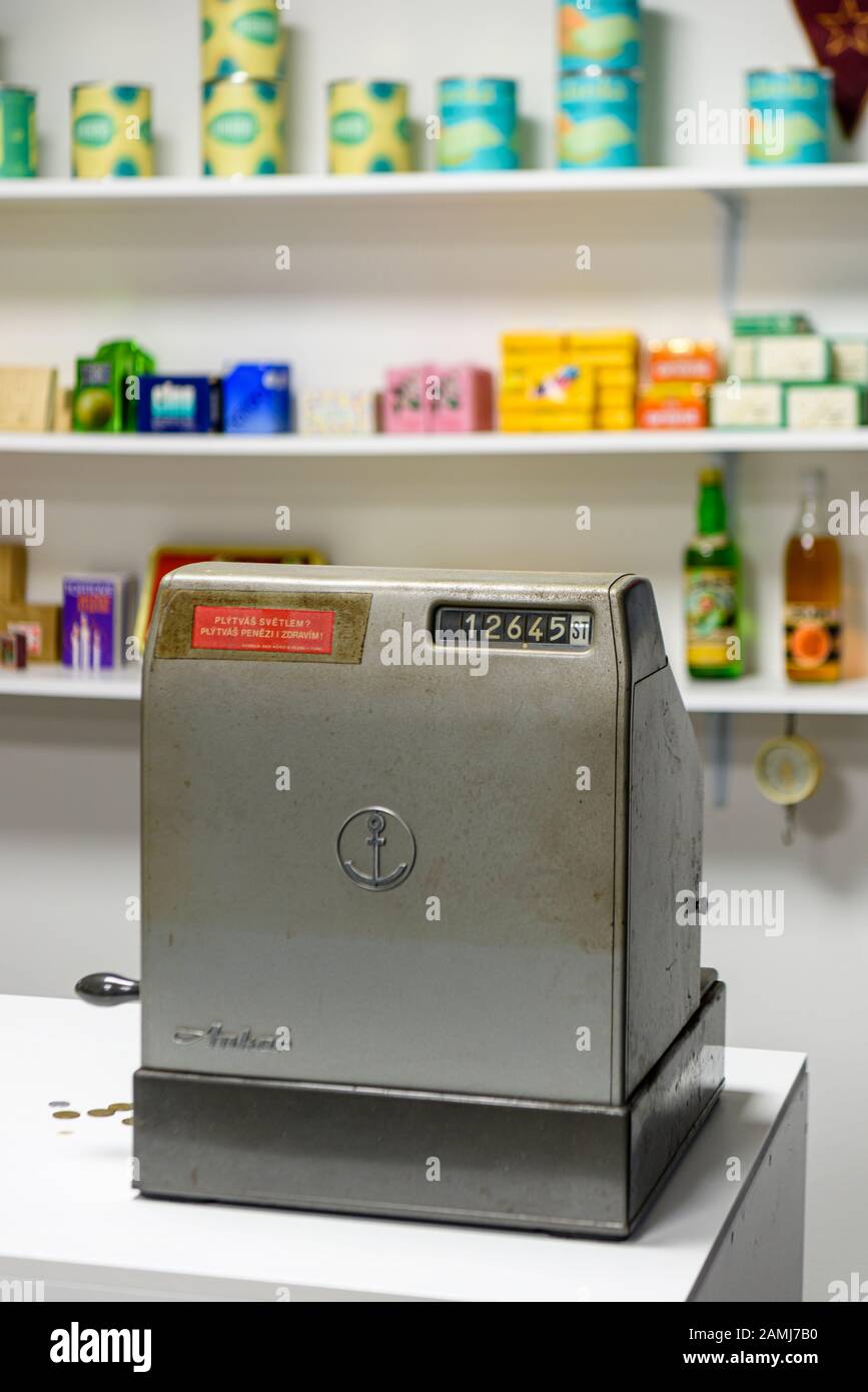 Old fashioned cash register in a Soviet communist era shop. Stock Photo
