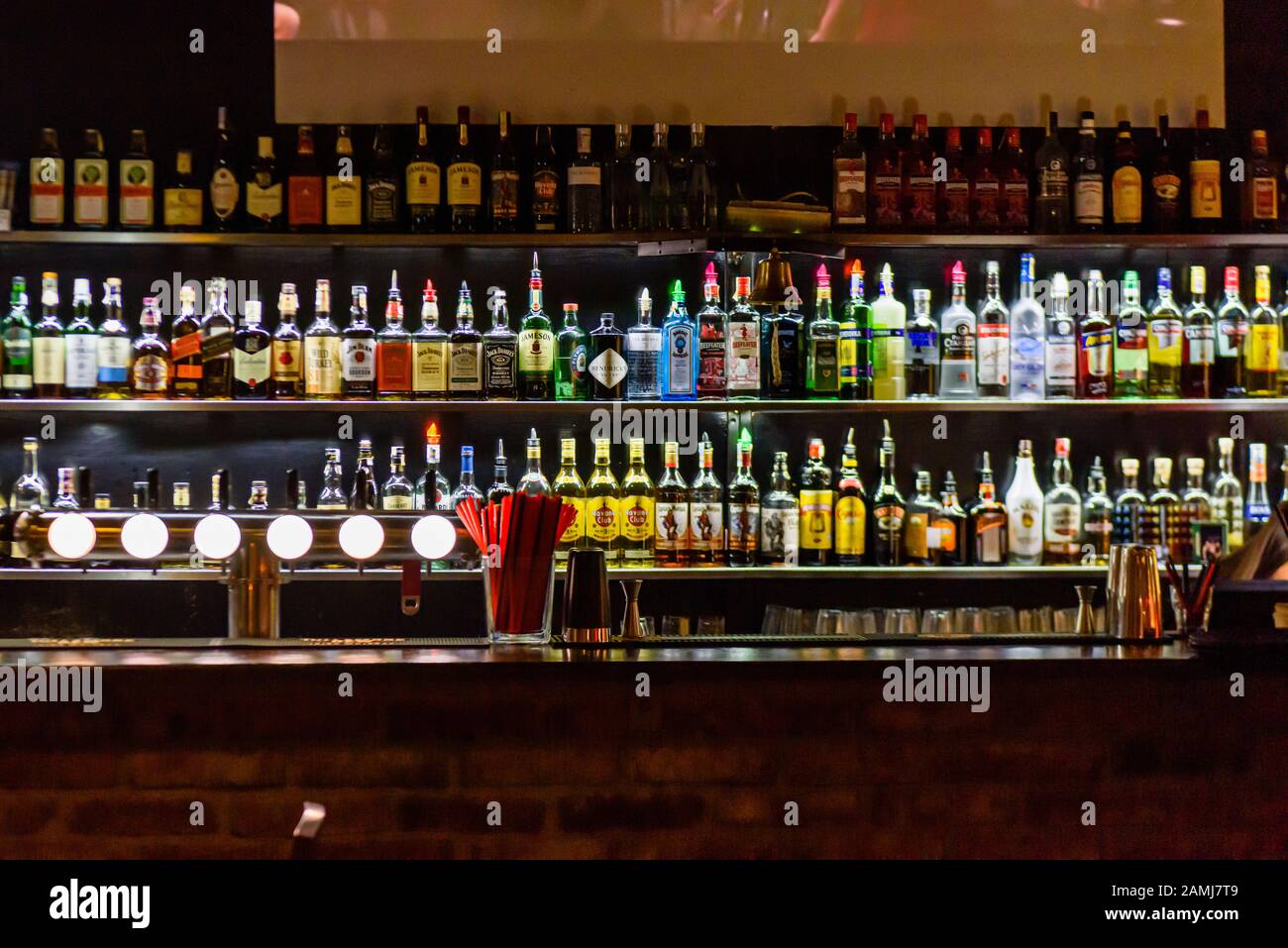 Lots of bottles on display at a cocktail bar, Prague, Czech Republic Stock Photo