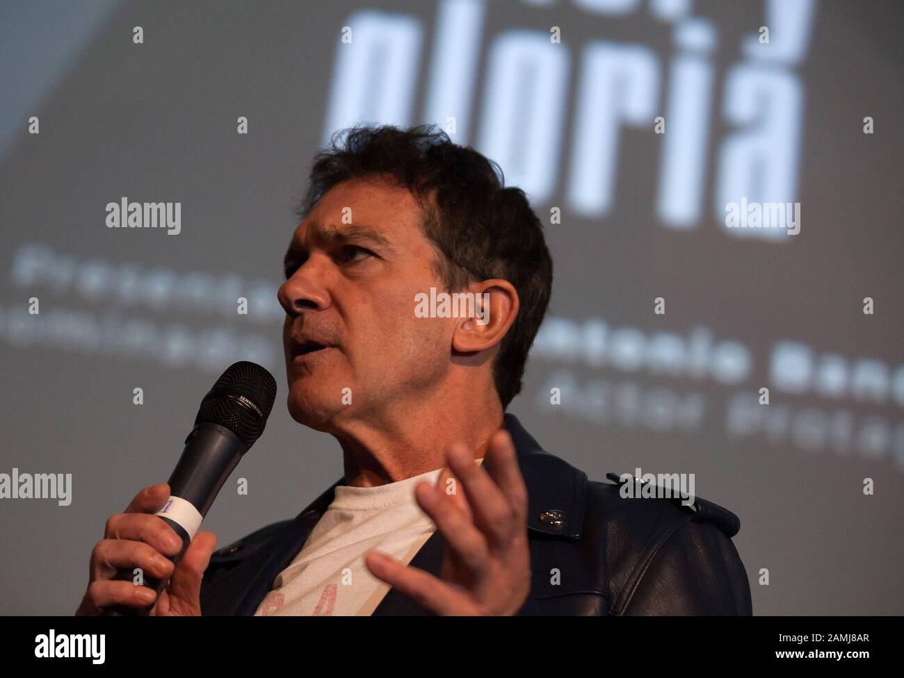 Spanish actor and director Antonio Banderas, who was nominated to receive the Spanish Goya Award and Academy Award of the best actor speaks during a promotional event to presents the screening of the film 'Dolor y Gloria' (Pain and Glory) directed by the Spanish director Pedro Almodovar at Albeniz Cinema, as part of activities of the Spanish Film Academy's Goya Awards ceremony. The Malaga city welcomes to Goya Awards Ceremony (which is celebrated on 25 January) with photographic exhibitions and previous screenings of films nominated to receive the Goya Award of the best film. Stock Photo