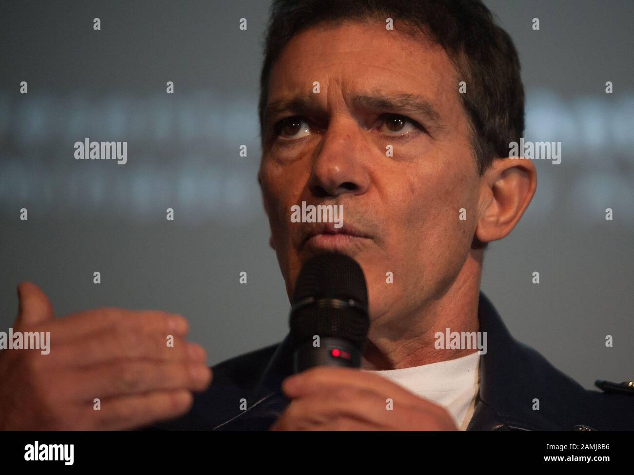 Spanish actor and director Antonio Banderas, who was nominated to receive the Spanish Goya Award and Academy Award of the best actor speaks during a promotional event to presents the screening of the film "Dolor y Gloria" (Pain and Glory) directed by the Spanish director Pedro Almodovar at Albeniz Cinema, as part of activities of the Spanish Film Academy's Goya Awards ceremony. The Malaga city welcomes to Goya Awards Ceremony (which is celebrated on 25 January) with photographic exhibitions and previous screenings of films nominated to receive the Goya Award of the best film. Stock Photo