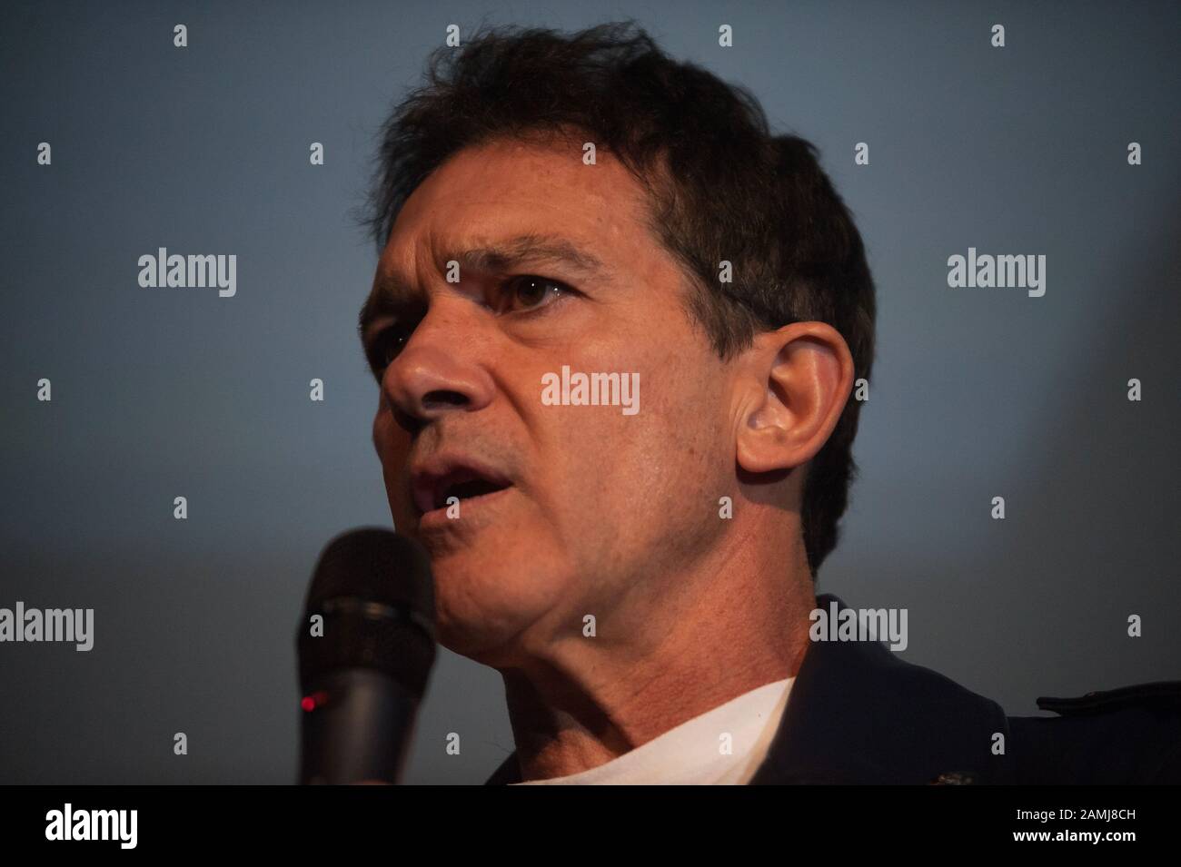 Spanish actor and director Antonio Banderas, who was nominated to receive the Spanish Goya Award and Academy Award of the best actor speaks during a promotional event to presents the screening of the film 'Dolor y Gloria' (Pain and Glory) directed by the Spanish director Pedro Almodovar at Albeniz Cinema, as part of activities of the Spanish Film Academy's Goya Awards ceremony. The Malaga city welcomes to Goya Awards Ceremony (which is celebrated on 25 January) with photographic exhibitions and previous screenings of films nominated to receive the Goya Award of the best film. Stock Photo