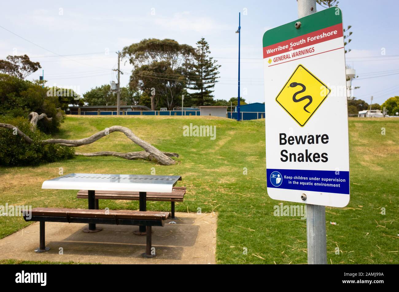 Melbourne, VIC Australia: The sign of 'beware of snakes and keep children under supervison in the aquatic environment ' at Werribee South Beach Stock Photo