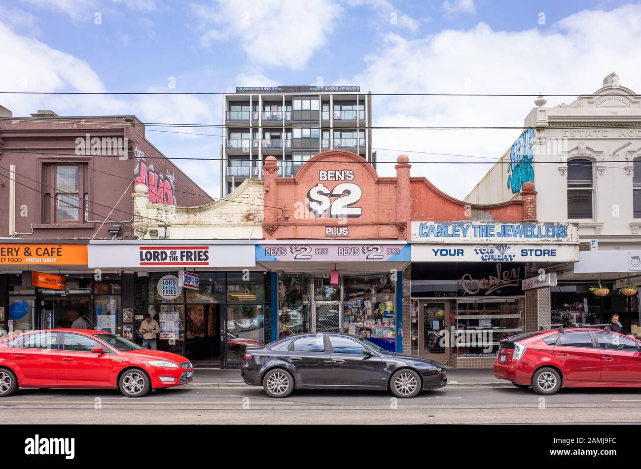 Heritage buildings of small shops/restaurant cafes along the main commercial street (Swan Street) in Richmond, Melbourne, VIC Australia. Stock Photo