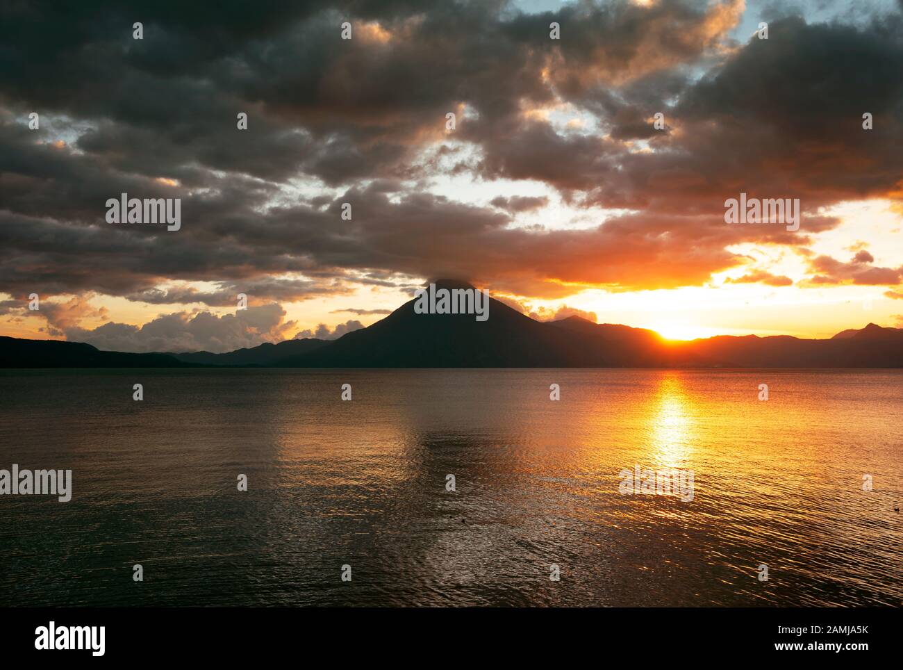 Dramatic sunset of Lake Atitlan, Panajachel, Guatemala. Dec 2018 Stock Photo