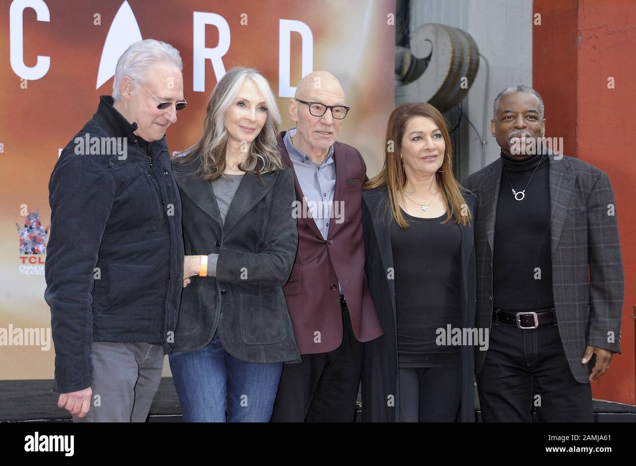 Los Angeles, CA. 13th Jan, 2020. Brent Spiner, Gates McFadden, Sir Patrick Stewart, Marina Sirtis, LeVar Burton at the induction ceremony for Star on the Hollywood Walk of Fame for Sir Patrick Stewart, Hollywood Boulevard, Los Angeles, CA January 13, 2020. Credit: Michael Germana/Everett Collection/Alamy Live News Stock Photo