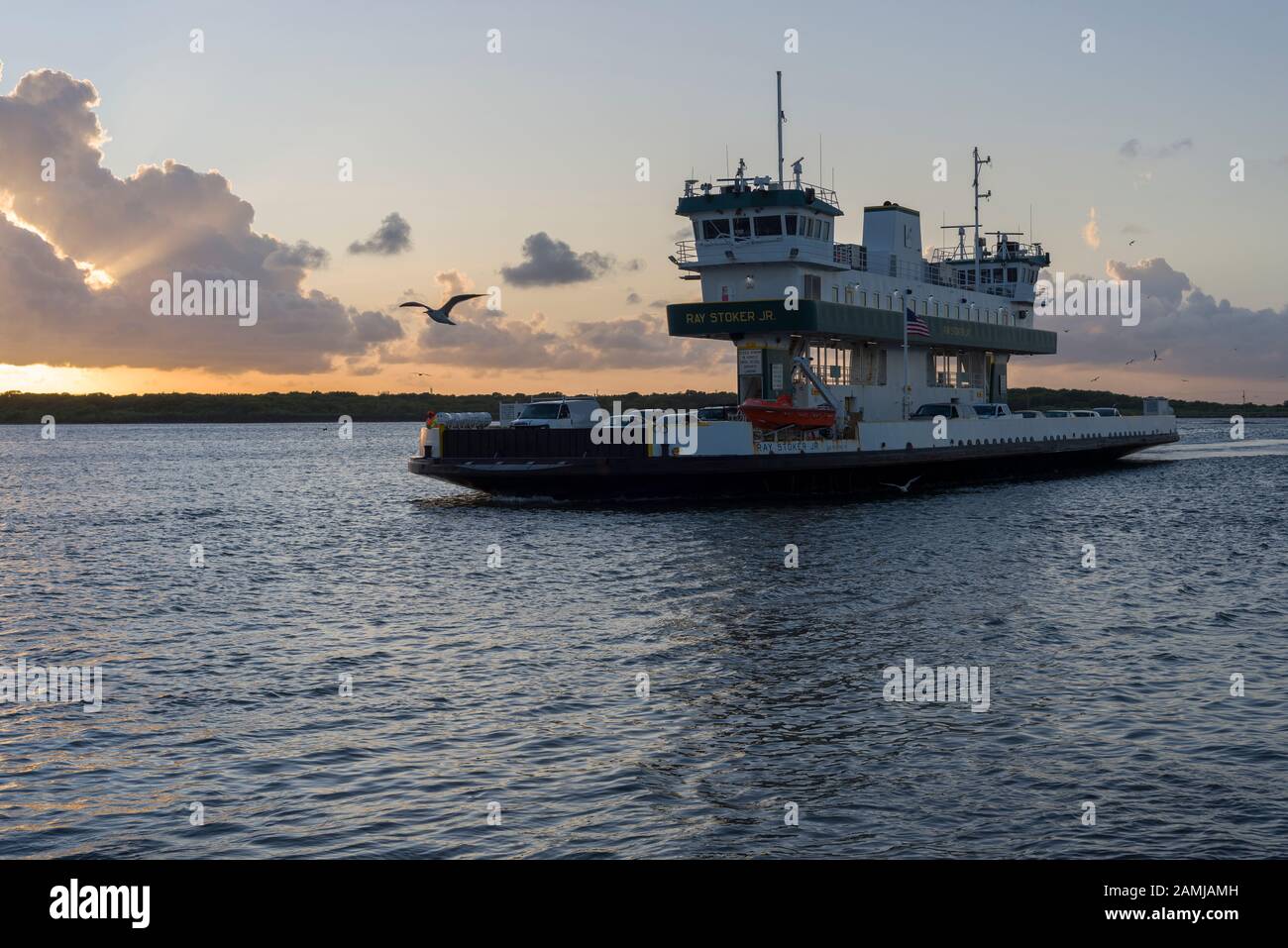 The Galveston-Bolivar ferry journey across the Houston Ship Channel between Galveston and Bolivar Peninsula on Hwy 87. Stock Photo