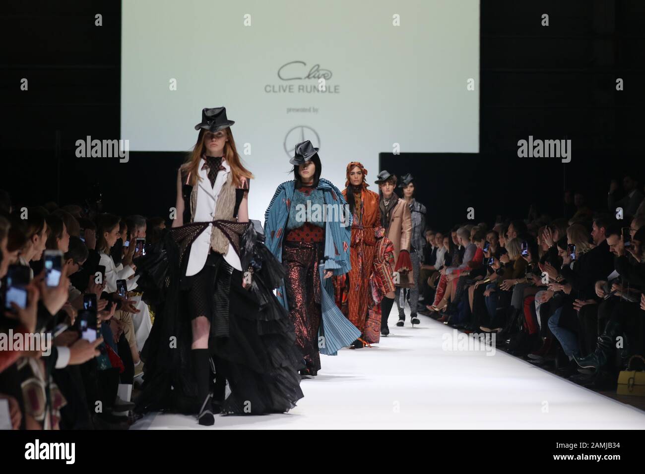 Germany, Berlin, 01/13/2020. Mercedes-Benz presents Fashion Talents from South Africa: Clive Rundle, Floyd Avenue, Rich Mnisi, Viviers at the MBFW autumn / winter 2020 at Kraftwerk Berlin in Berlin-Mitte. The picture shows models with the collection of Clive Rundle. Stock Photo