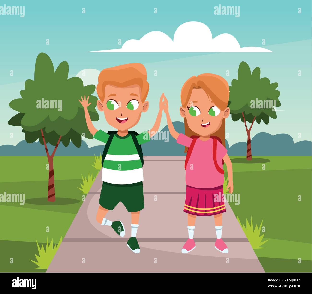 happy boy and girl walking in the park Stock Vector Image & Art - Alamy