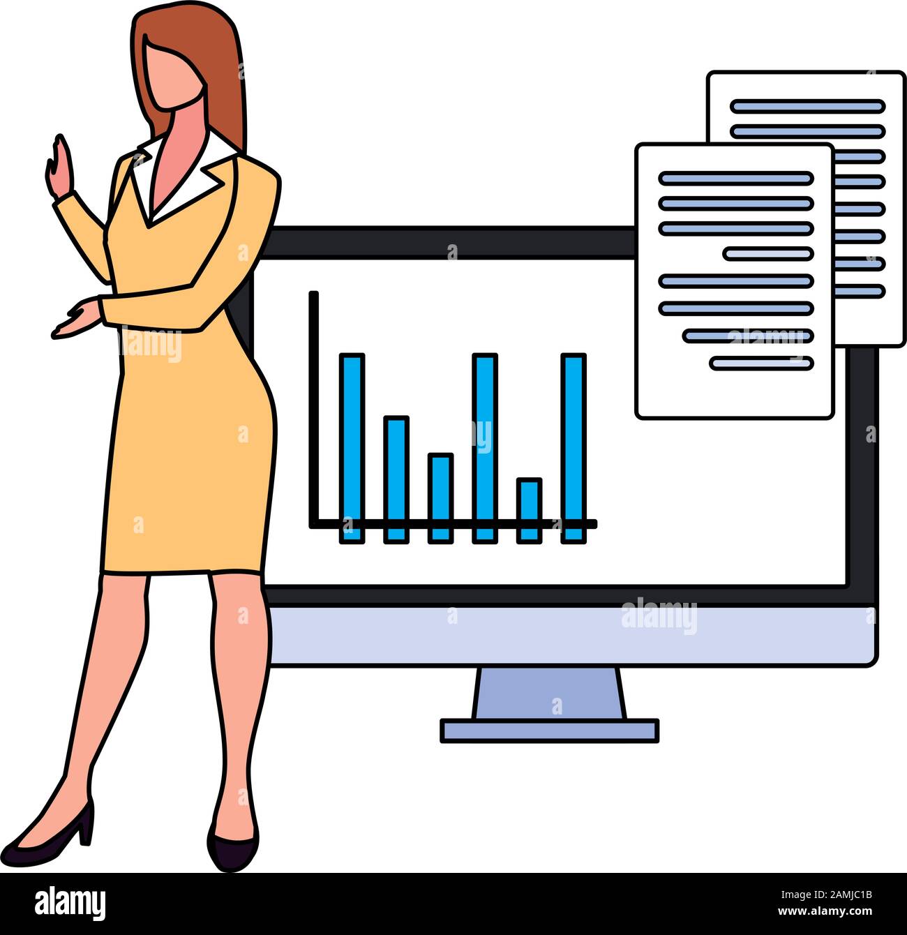 businesswoman with computer screen in white background vector