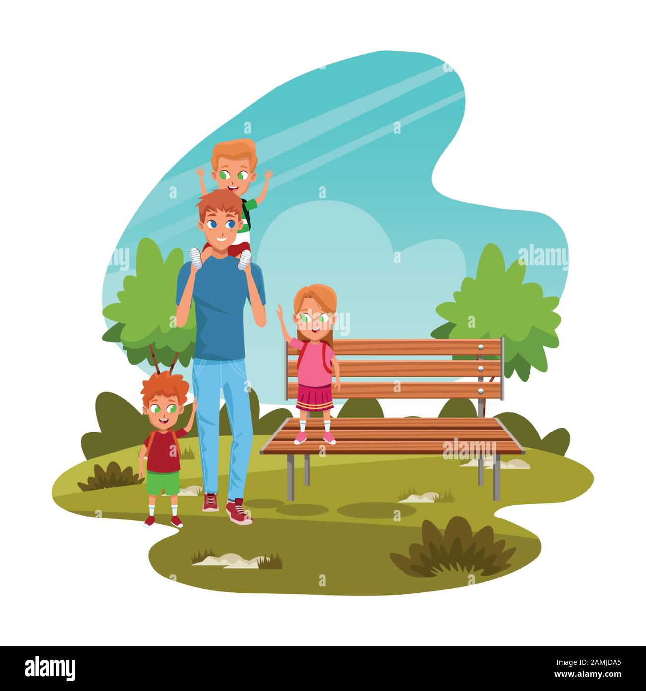 happy man with kids in the park with bench Stock Vector Image & Art - Alamy