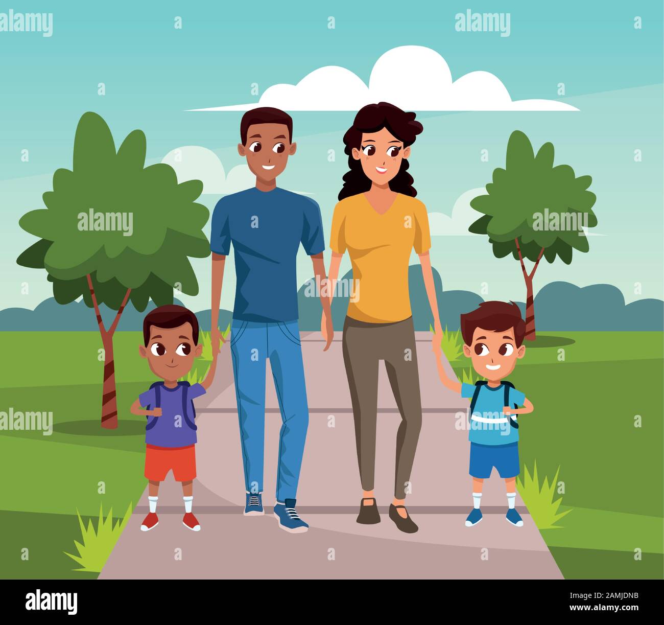 happy family with boys walking in the park Stock Vector Image & Art - Alamy