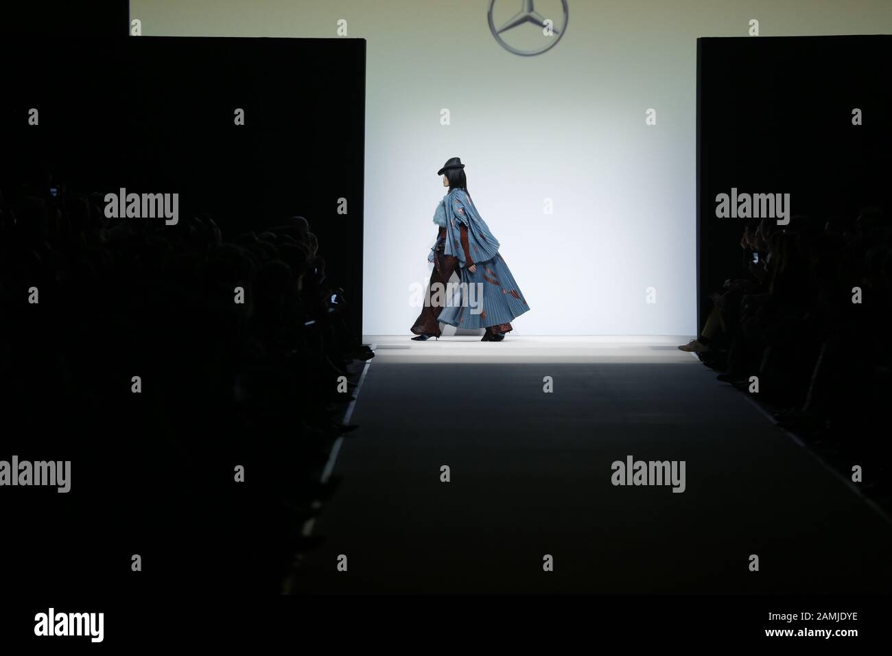 Berlin, Germany. 13th Jan, 2020. Berlin: Models on the catwalk at the MBFW in the Kraftwerk Berlin present the autumn/winter 2020/21 collection by the designer Clive Rundle. (Photo by Simone Kuhlmey/Pacific Press) Credit: Pacific Press Agency/Alamy Live News Stock Photo