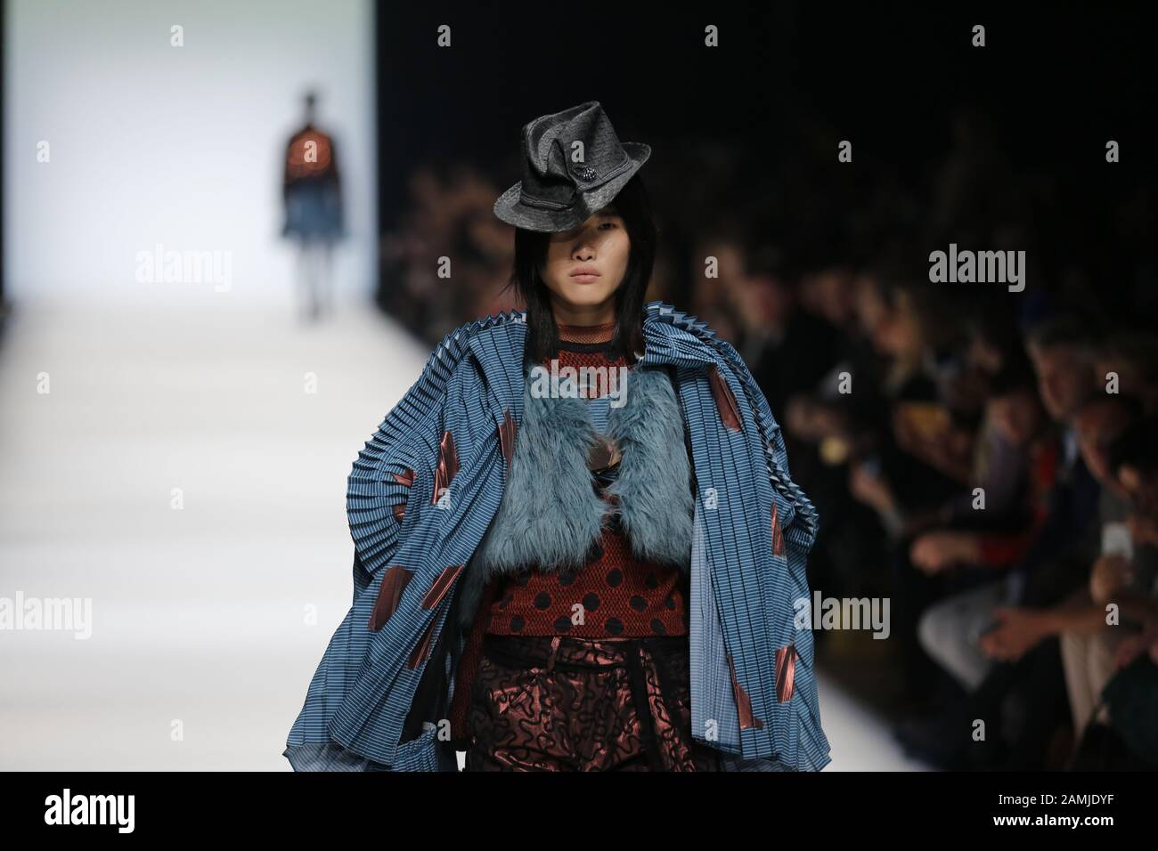 Berlin, Germany. 13th Jan, 2020. Berlin: Models on the catwalk at the MBFW in the Kraftwerk Berlin present the autumn/winter 2020/21 collection by the designer Clive Rundle. (Photo by Simone Kuhlmey/Pacific Press) Credit: Pacific Press Agency/Alamy Live News Stock Photo