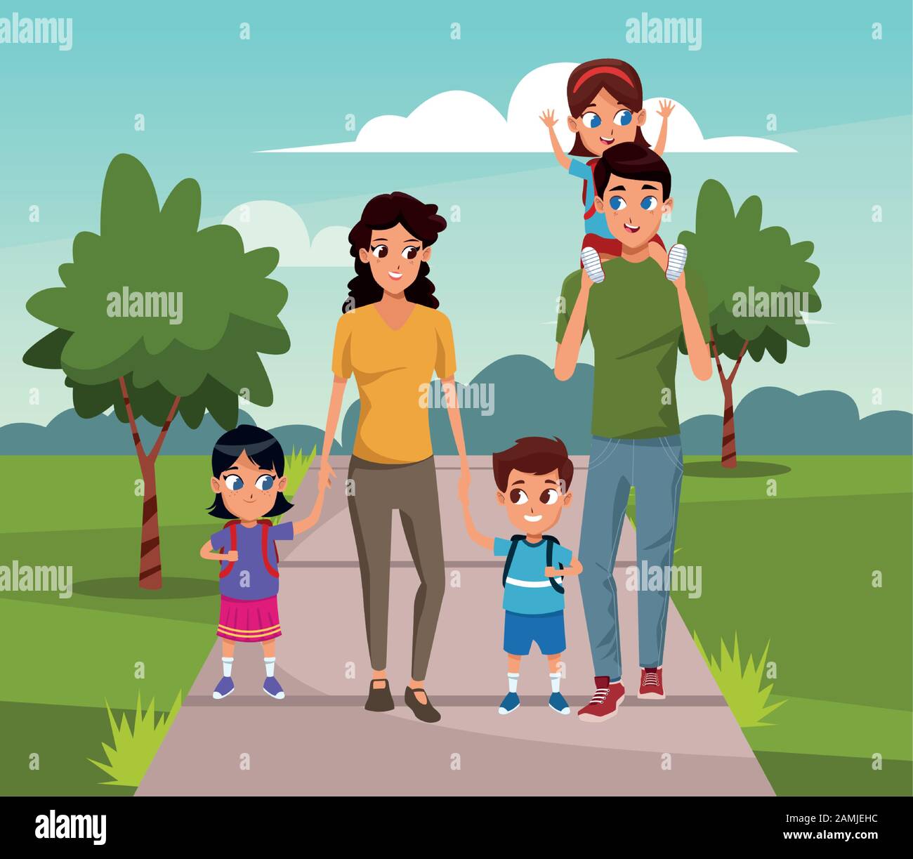 happy family with little kids walking in the park Stock Vector Image ...