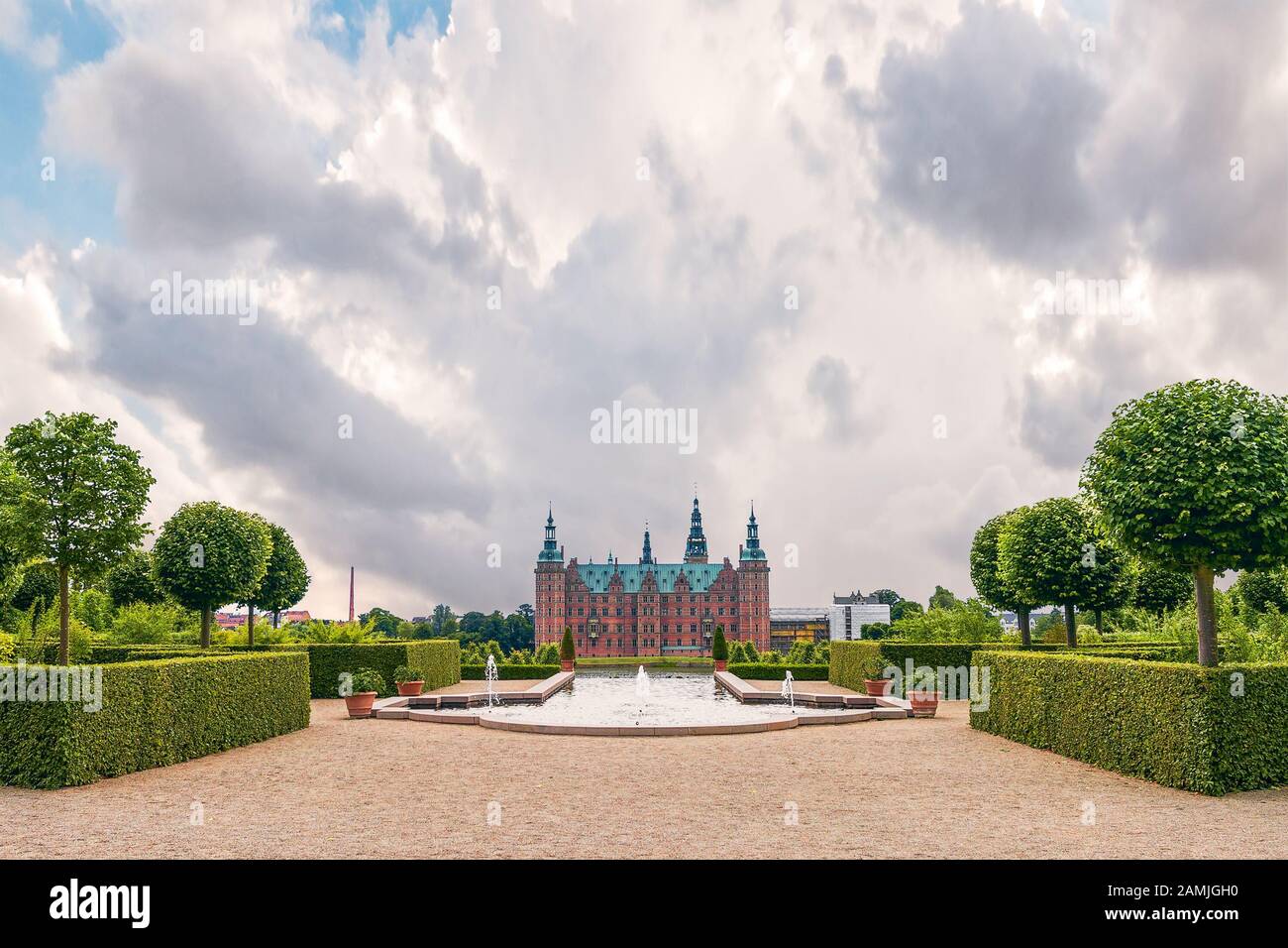 Denmark. Hillerod - June 23, 2014. View of Frederiksborg Castle and Baroque Park in the town of Hillerod. North Zealand. Denmark Stock Photo