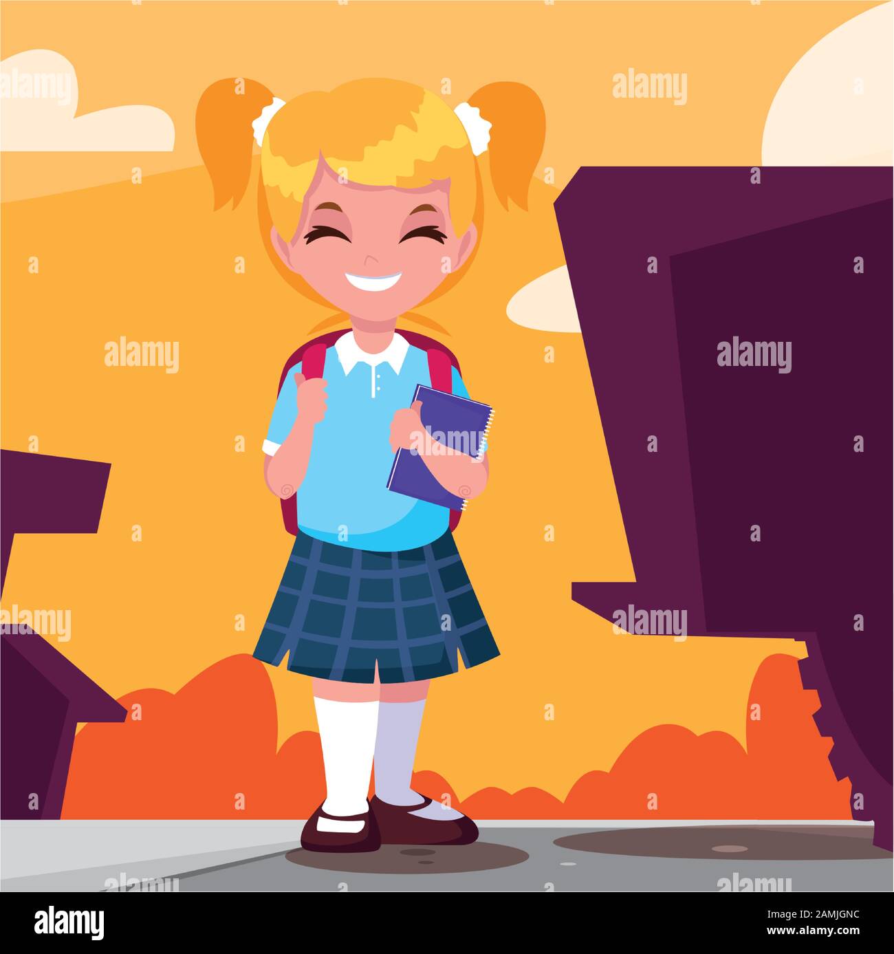 student girl with school suitcase, back to school vector illustration ...