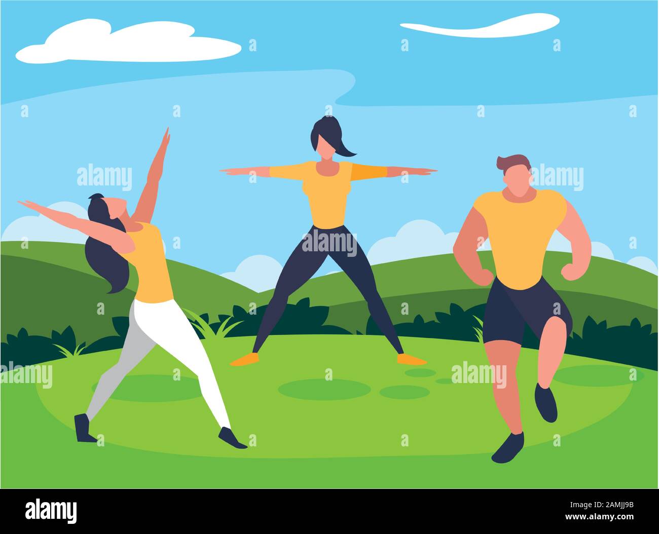 group of people exercising with background landscape vector