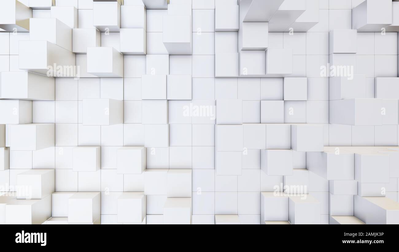 Abstract 3D illustration of white cubes background. Random displacement ...