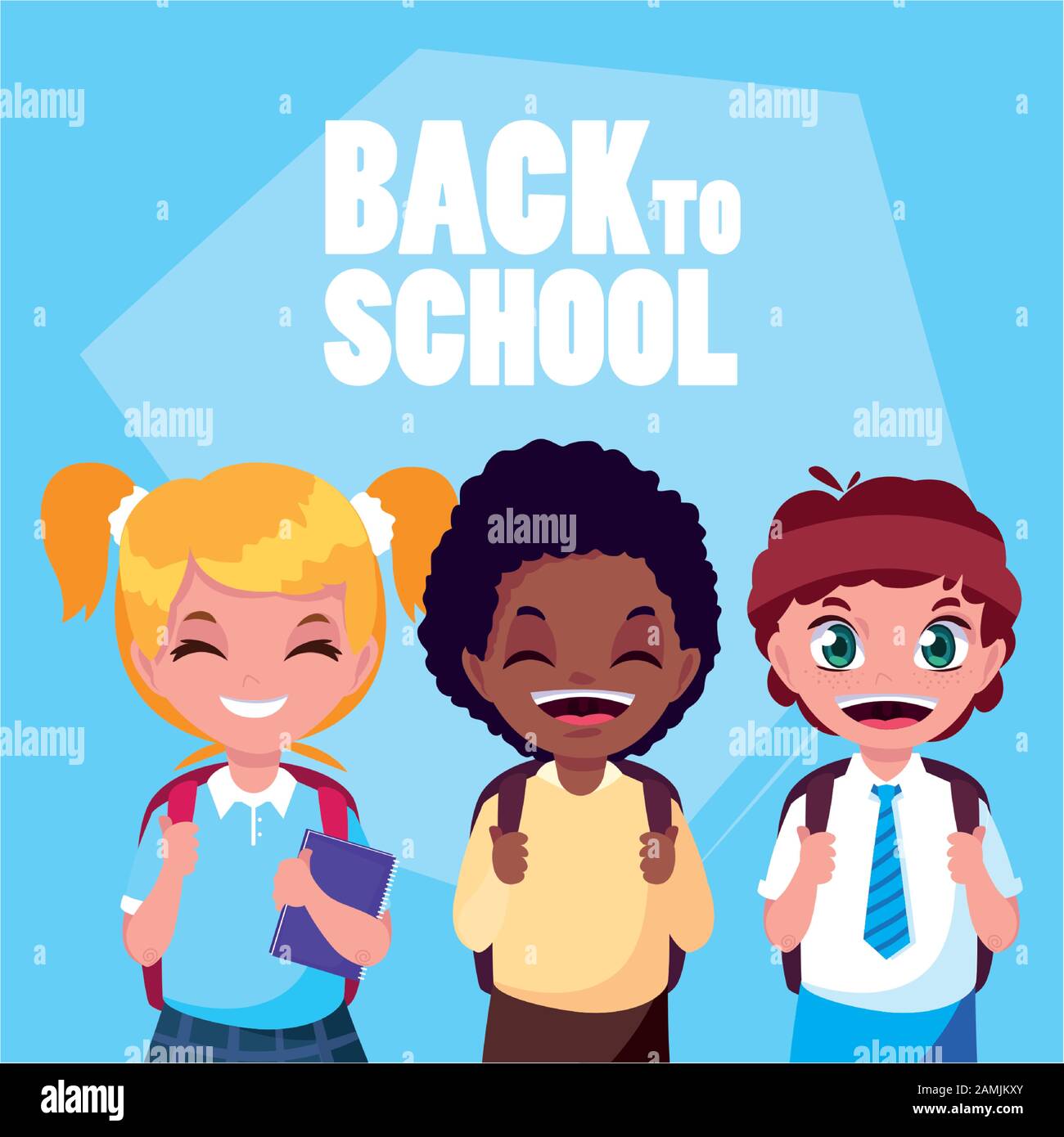 student children with back to school label, back to school vector ...