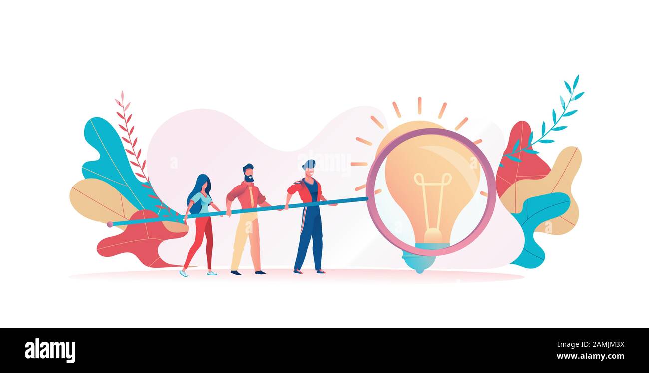 Group of people holds a huge magnifier. A large light bulb under a