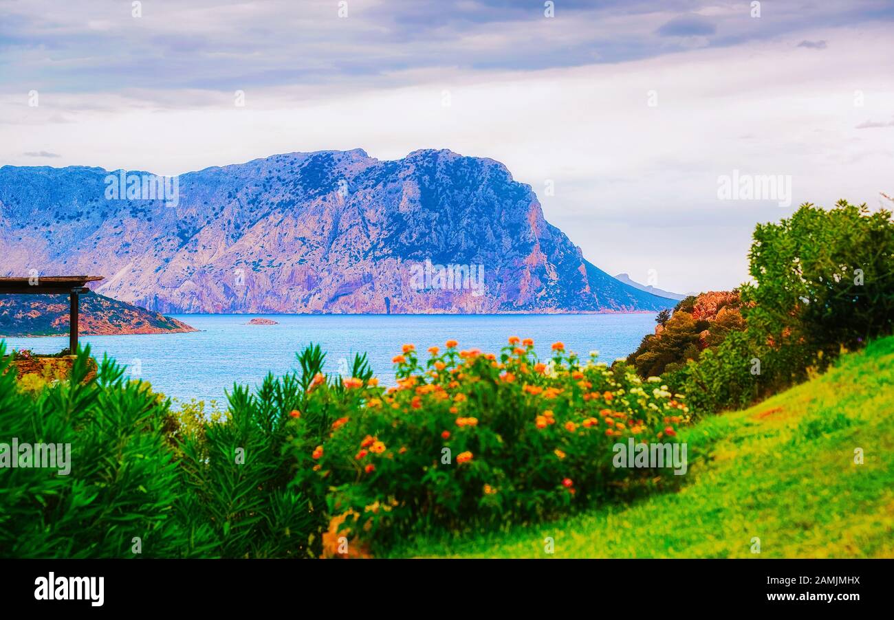 Tavolara Island seen from San Teodoro at Olbia Tempio Sardinia reflex Stock Photo