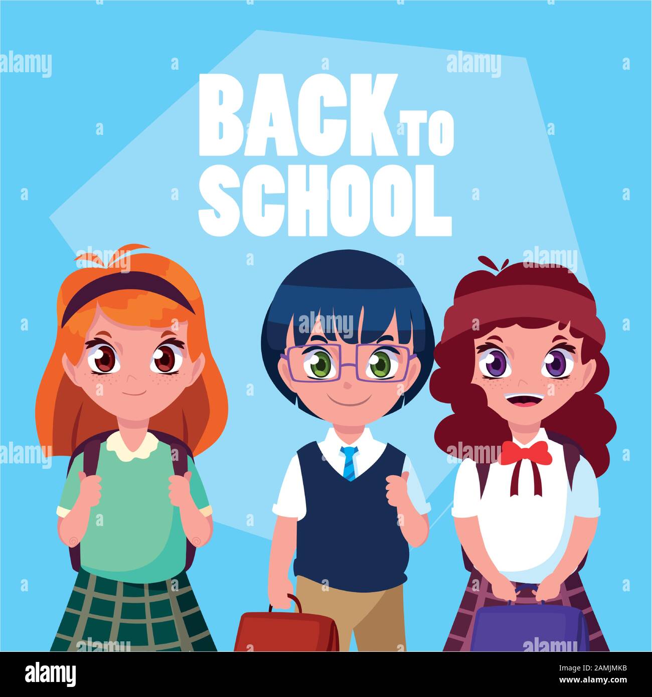 student children with back to school label, back to school vector ...