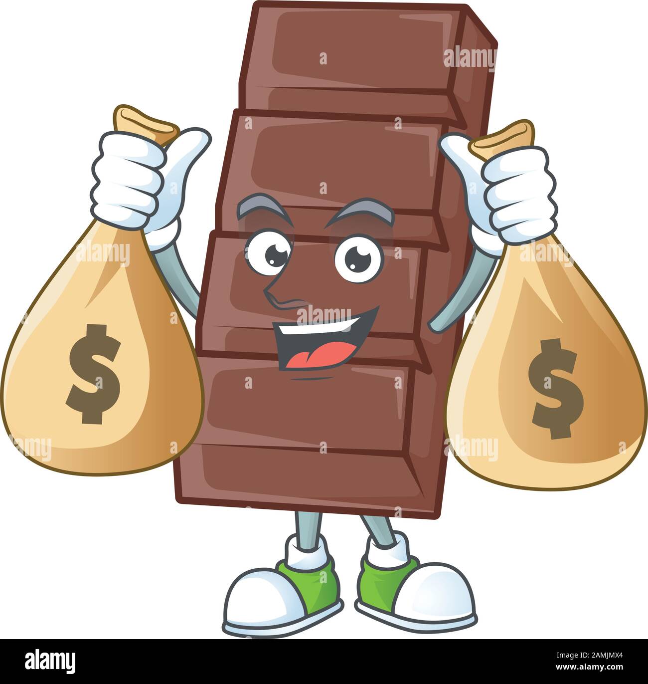 A picture of rich chocolate bar cartoon character with two money bags Stock Vector Image & Art