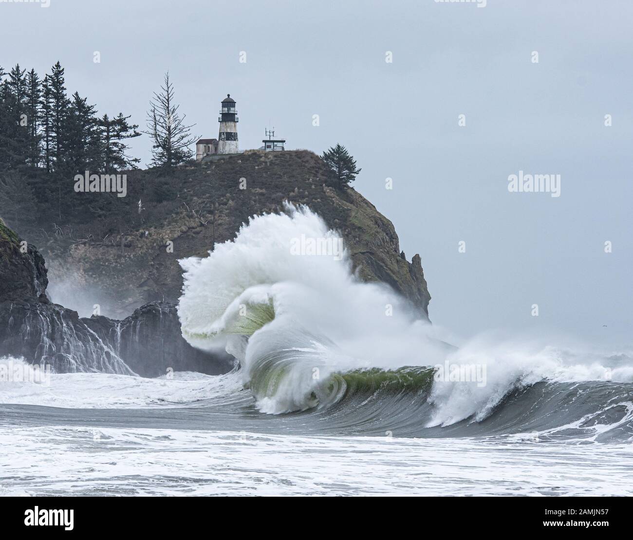 Huges waves during a king tide and big swells at Cape Disappoinment. Stock Photo