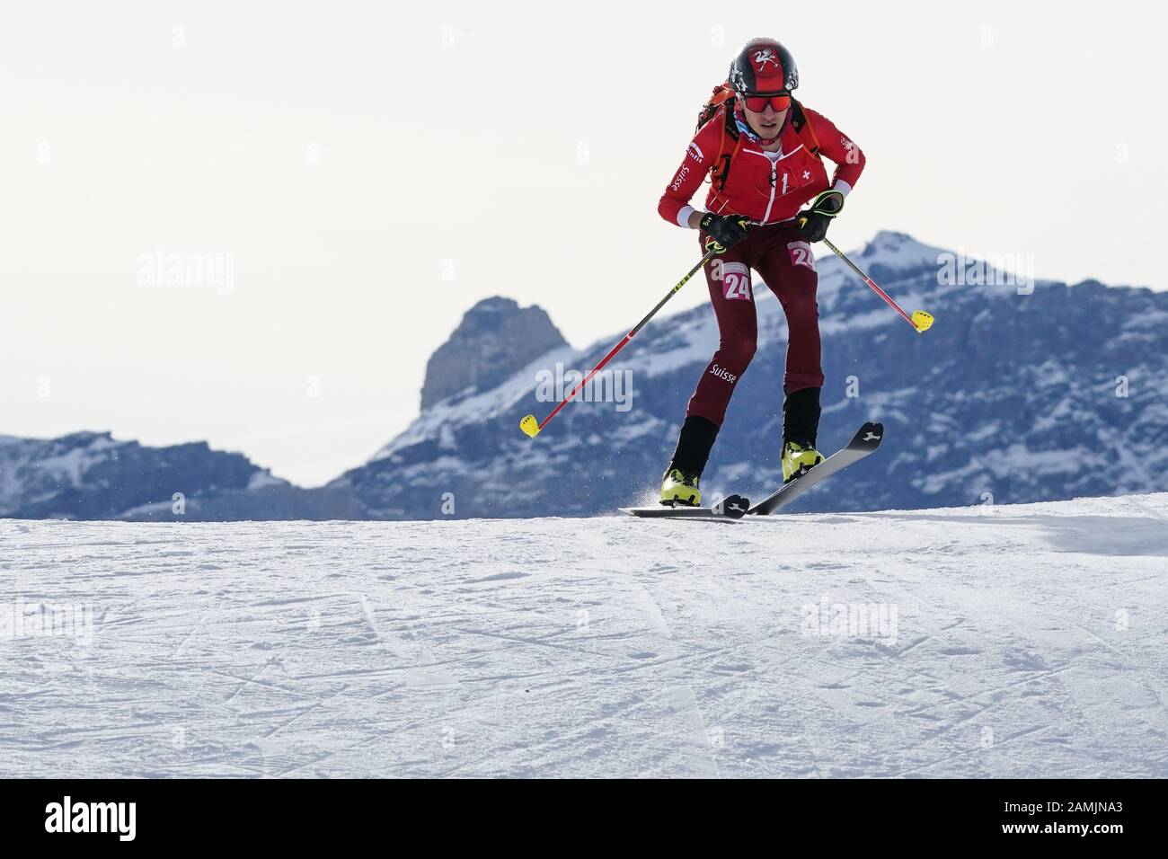 Villars. 13th Jan, 2020. Thomas Bussard of Switzerland competes during the men's sprint of ski mountaineering at the 3rd Winter Youth Olympic Games at Villars Winter Park in Villars, Switzerland on Jan. 13, 2020. Credit: Bai Xueqi/Xinhua/Alamy Live News Stock Photo
