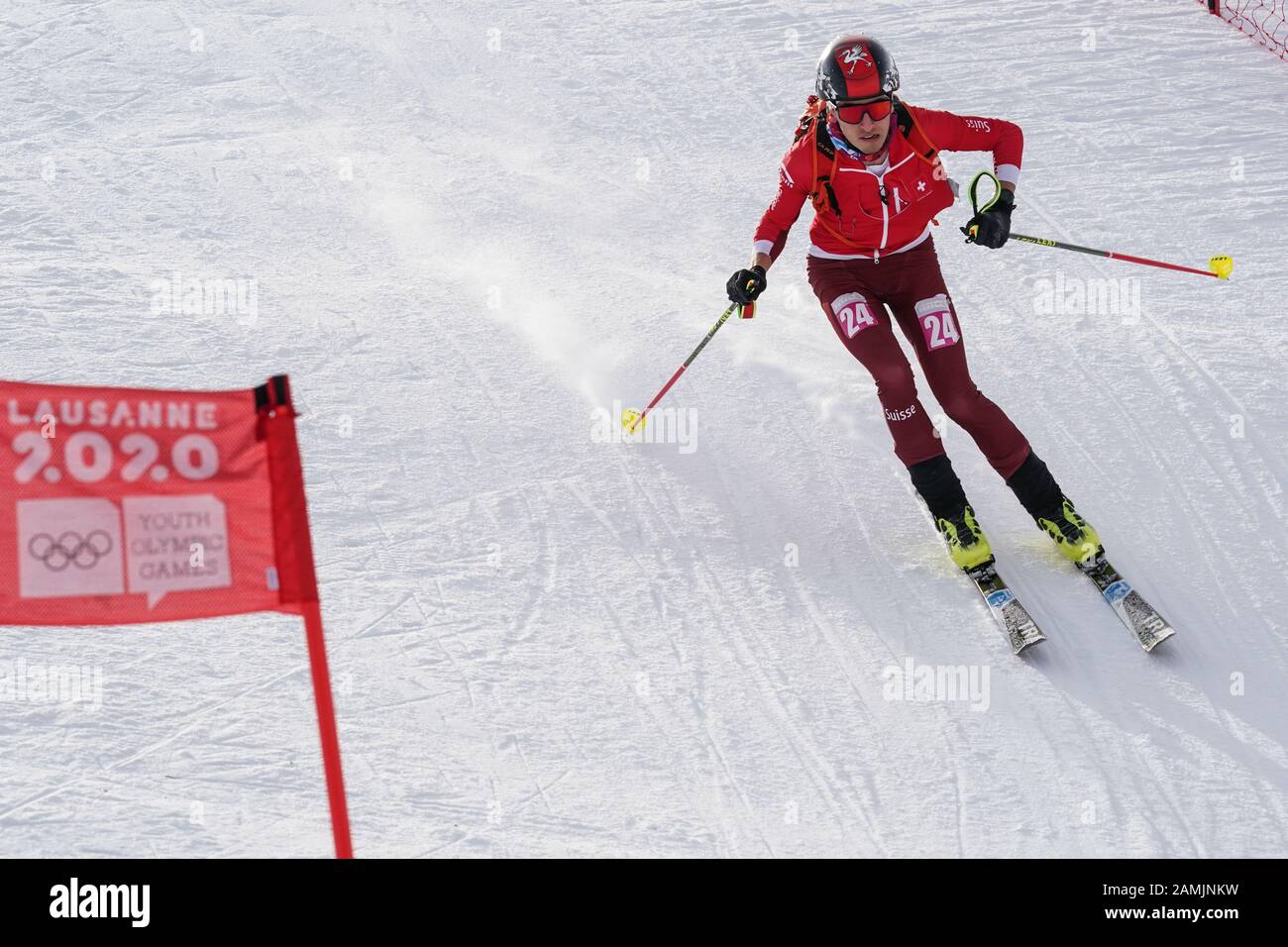 Villars. 13th Jan, 2020. Thomas Bussard of Switzerland competes during the men's sprint of ski mountaineering at the 3rd Winter Youth Olympic Games at Villars Winter Park in Villars, Switzerland on Jan. 13, 2020. Credit: Bai Xueqi/Xinhua/Alamy Live News Stock Photo