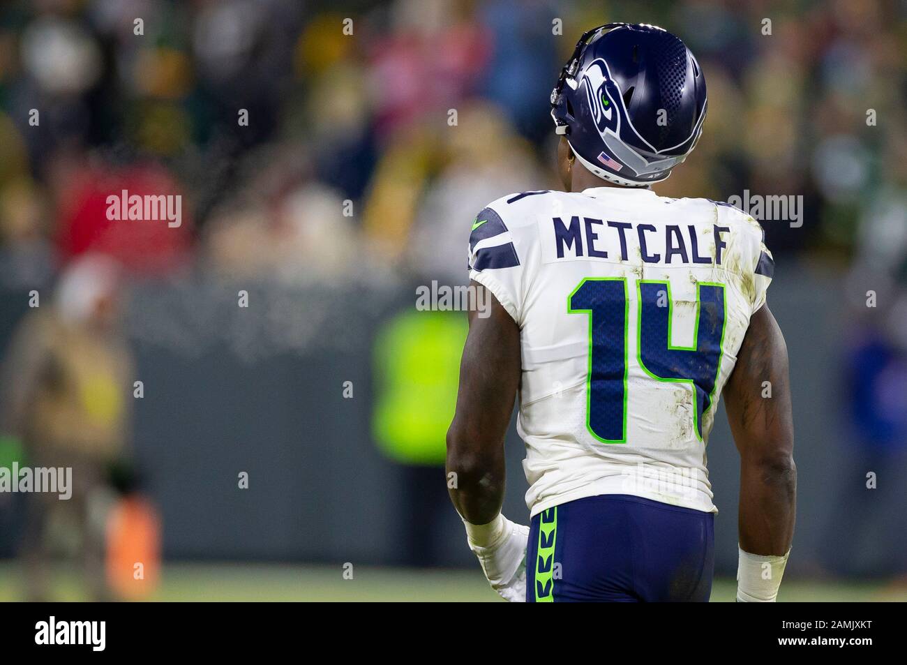 January 12, 2020: Seattle Seahawks wide receiver D.K. Metcalf #14 walks off  the field at halftime of the NFL Football game between the Seattle Seahawks  and the Green Bay Packers at Lambeau
