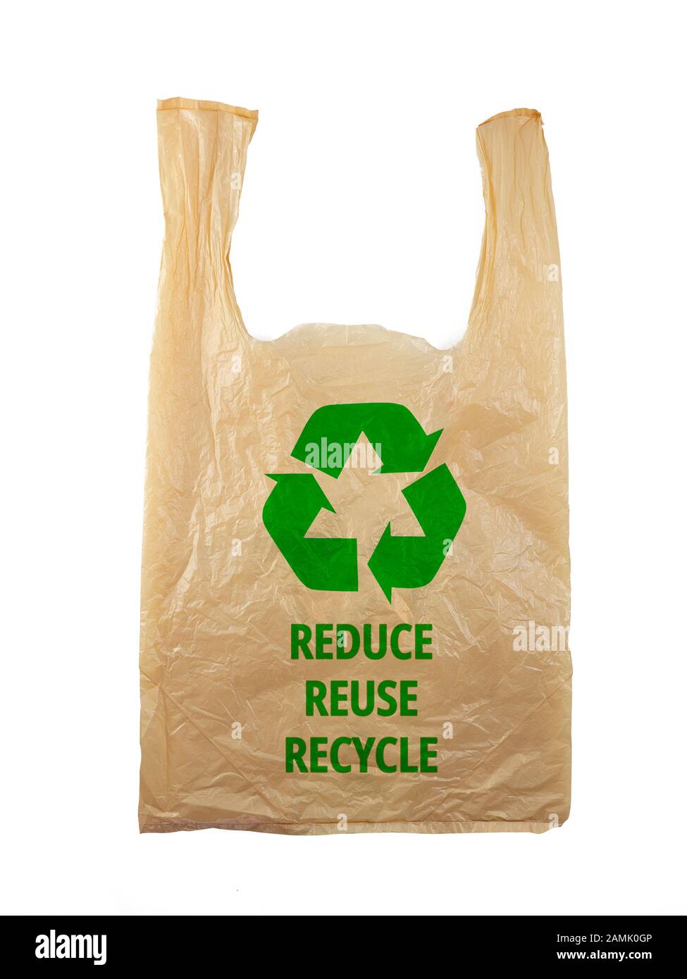 Plastic bag with Recycle sign logo and words REDUCE REUSE RECYCLE