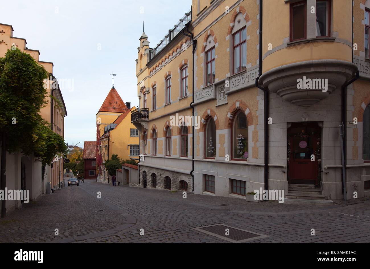 VISBY, SWEDEN ON OCTOBER 13, 2019. Street view of buildings. Old house, homes in the town. Unidentified folk. Editorial use. Stock Photo
