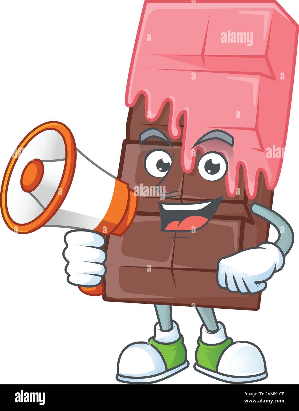 Cool cartoon character of chocolate bar with pink cream holding a megaphone Stock Vector
