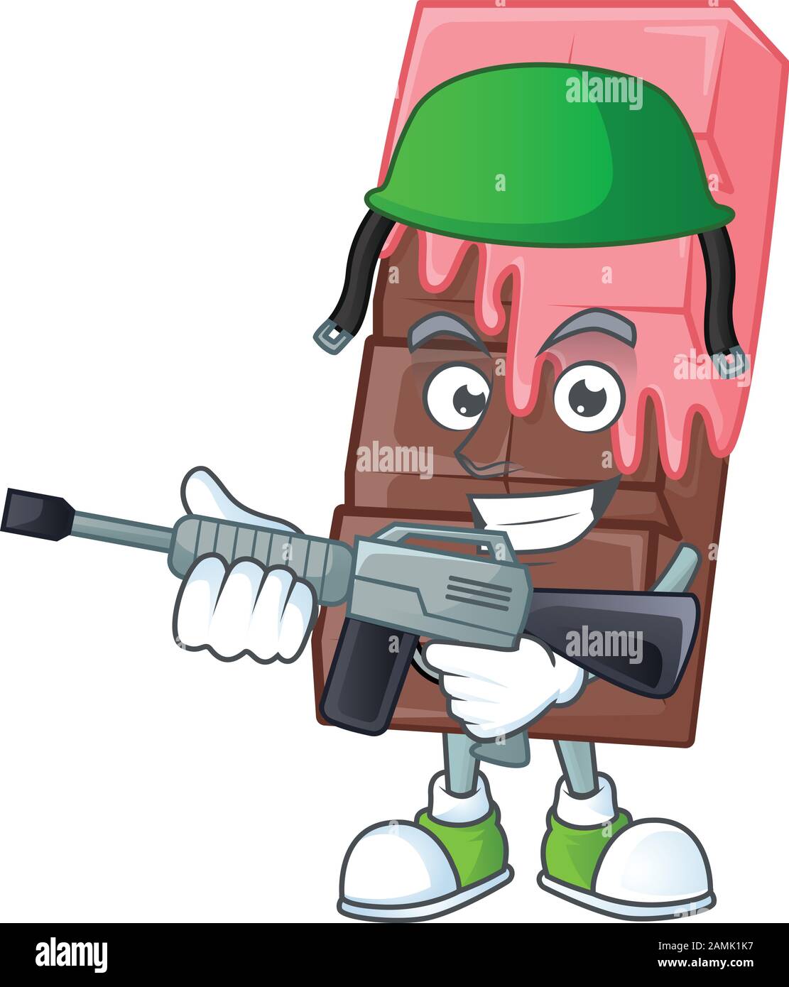 Chocolate bar with pink cream carton character in an Army uniform with