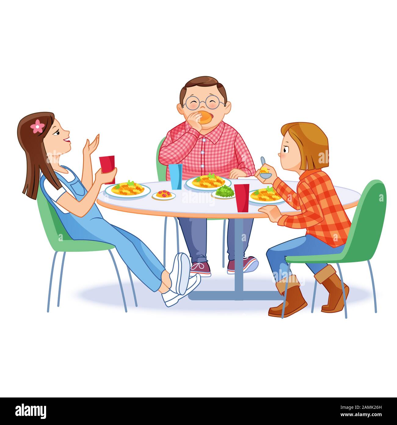 Happy kids having breakfast by themselves. Two girls and boy eating morning meals at table. Child nutrition concept. Vector illustration for banner Stock Vector