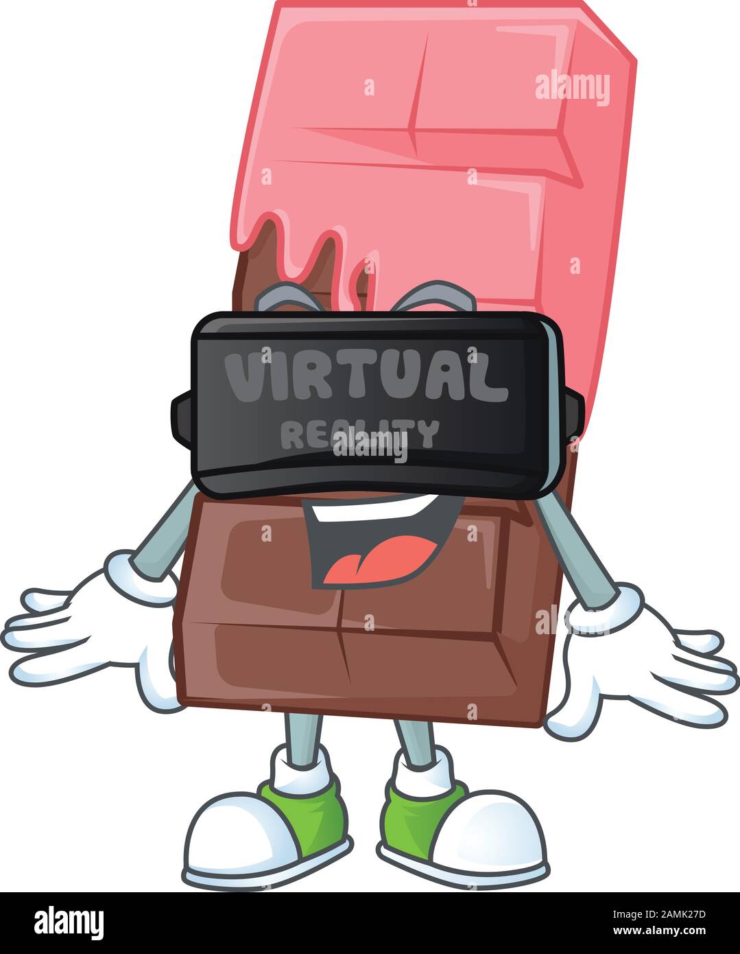 Trendy chocolate bar with pink cream character wearing Virtual reality headset Stock Vector